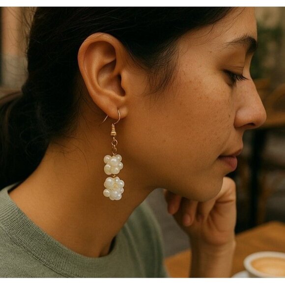 Handmade Jewelry - Handmade Dangling Earrings With Faux Pearls & Gold Beads